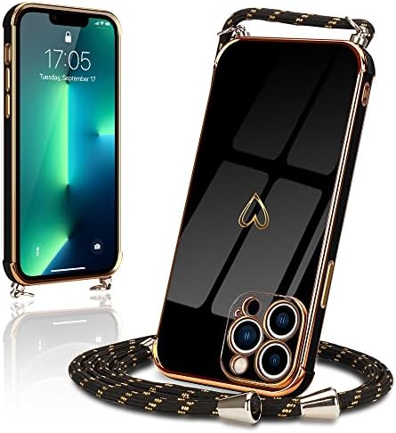 Micoden Etui do iPhone 13 Pro z regulowanym kołnierzem Etui iPhone 13 Pro Silikonowe z uroczym wzorem serca i etui z łańcuszkiem na szyję do iPhone 13 Pro (czarny)