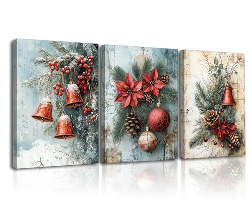 Piy Painting 3 Pieces Christmas Ambience Wall Art For Living Room,Christmas Bells Canvas Pictures For Wall,Framed Artwork,Canvas Prints Paintings For Gifts Home Bedroom Office Kitchen 16x12 inch