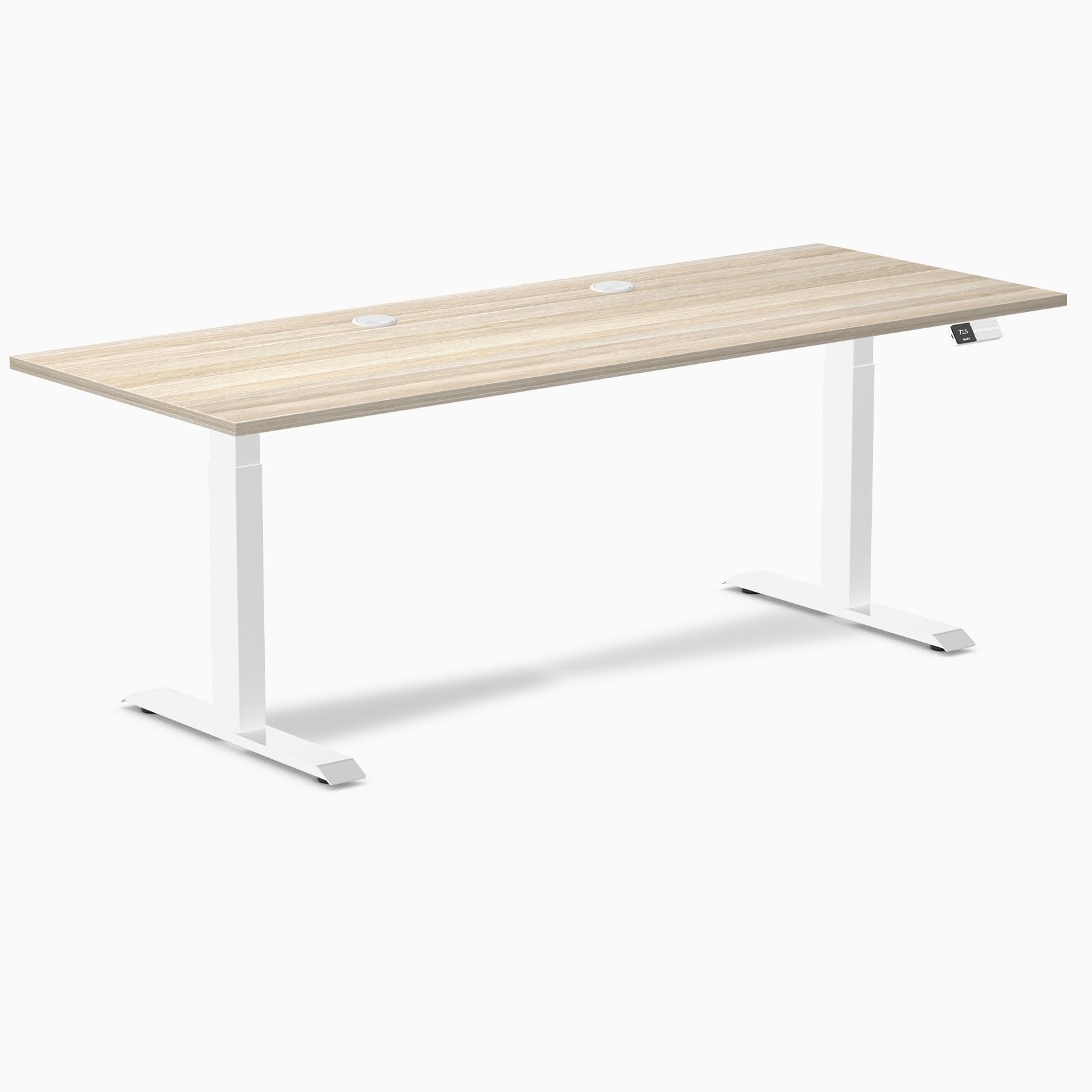 Desky Dual Laminate Sit Stand Desk Classic Oak 78.7" Grommets White