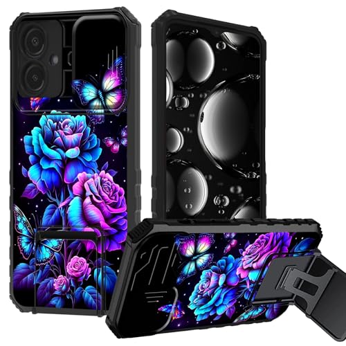 BREIDMKFM for Samsung A06 Case with Kickstand & Slide Camera Lens Protector Cover for Samsung Galaxy A06 Case Heavy Duty Dual Layer Rugged Shockproof,Purple Roses Butterfly