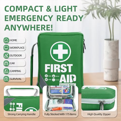 General Medi First Aid Kit -Compact First Aid Bag(175 Piece) - Reflective Bag Design- Includes Instant Cold Pack,Emergency Blanket For Home, Office, Vehicle,Camping, Workplace & Outdoor - 4