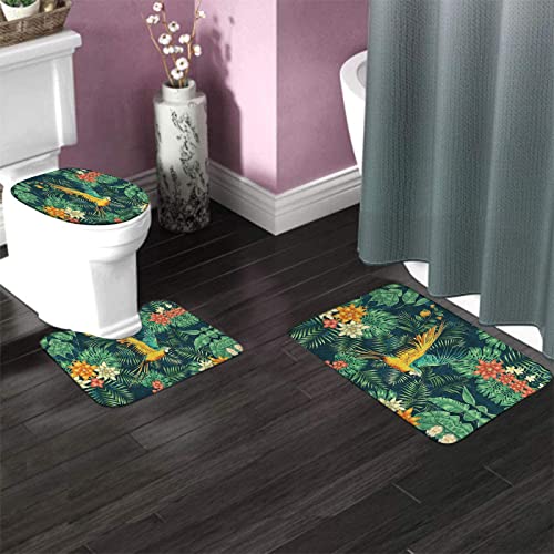 Badezimmerteppich-Set, 3-teilig, grüne Pflanzenblätter und der Fliegende gelb-Blaue Papagei, waschbare Badeteppiche, rutschfest, mit Rückenpolster, Konturteppich und Toilettendeckelbezug – Bild 4