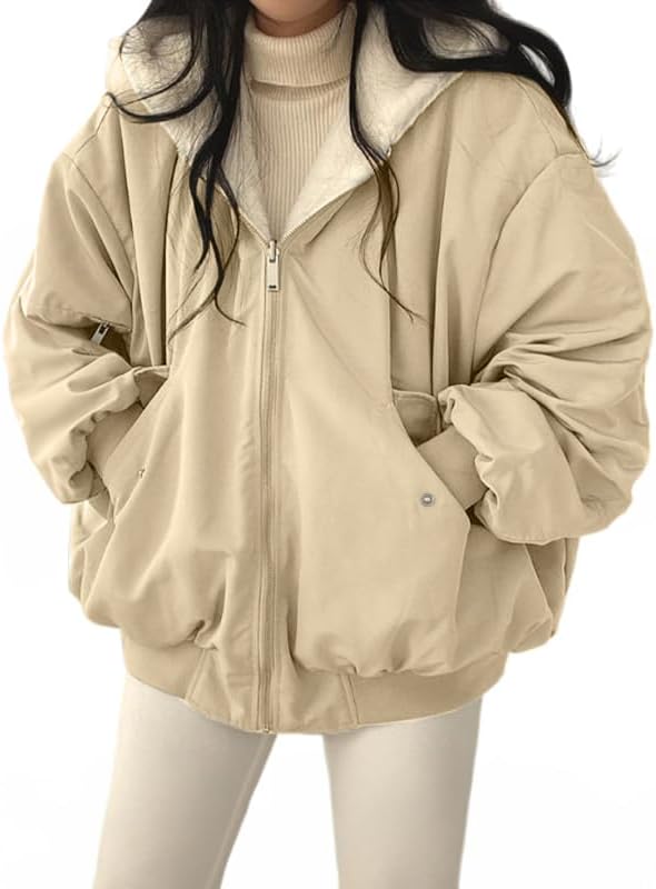 EMMIOL Womens Winter Coats Hooded Fleece Puffer Reversible Long Sleeve Oversized Full Zipper Warm Jackets