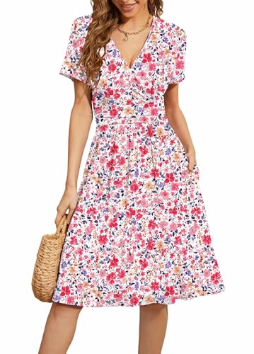 Image of WEACZZY Women's Summer Short Sleeve Casual Dresses V-Neck Floral Party Dress with Pockets