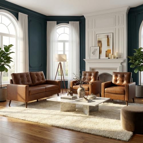 HNY Mid Century Modern 53" Loveseat Sofa, Comfy Upholstered Button Tufted Faux Leather 2 Seater Couch, Lounge Sleeper Love Seats for Small Spaces Living Room Apartment Bedroom, Brown