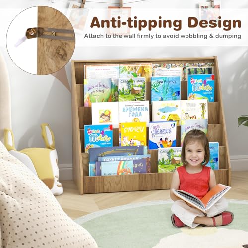 Image of HONEY JOY Kids Bookshelf, 5-Tier Wooden Toddler Bookcase, Children Book Rack & Magazine Display Shelf, Toy Storage Organizer, Book Shelf for Kids Rooms, Playroom, Nursery, Classroom (Natural)