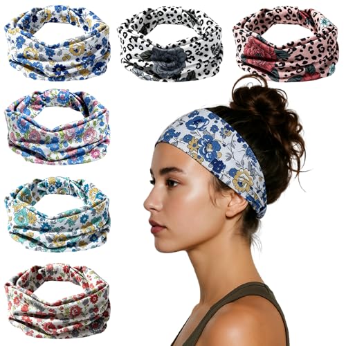 Image of HSEM Boho Headbands for Women 6-Pack - Non-Slip Wide Head Bands, Thick Elastic Hair Bands - Large Knotted Soft Stretchy Sweatbands for Running, Yoga, Makeup, Washing Face, Spa & Workout