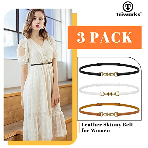 3 Pack Leather Skinny Women Belt Adjustable Thin Waist Belts with Alloy Buckle for Dresses Black/Brown/White2