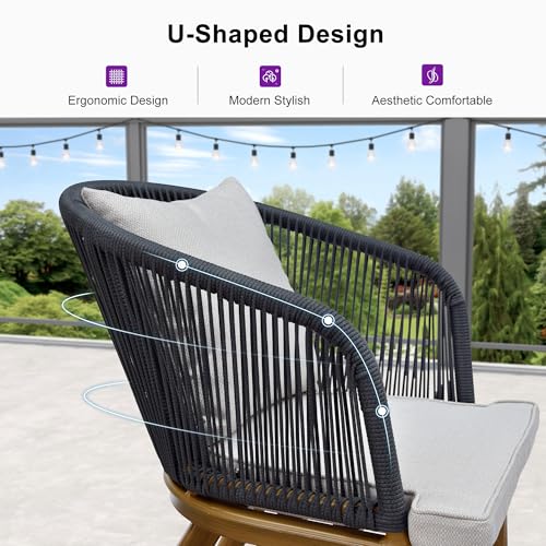 Image of PURPLE LEAF 7 Pieces Patio Dining Set Wicker Outdoor Furniture Round Table and Chairs Set for Garden Deck Teak-Finish Aluminum Frame Backyard Kitchen Set, Cushions and Pillows Included