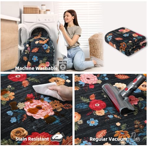 Washable Area Rugs for Living Room: 6x9 Bedroom Rug Vintage Floral Large Rug Stain Resistant Non Slip Low Pile Faux Wool Soft Rugs for Entryway Dining Room Bedside Kitchen Nursery Home