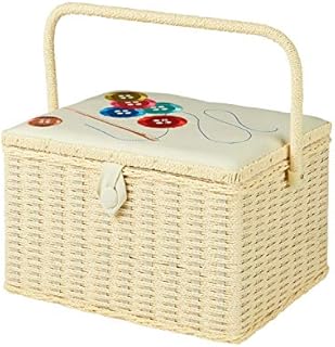 Large Sewing Box, Wicker Effect with an Embroidered Buttons on Cream Fabric Lid, 32 x 25 x 20cm