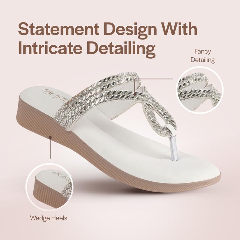 Image of FAUSTO Women T-Strap Slip On Ethnic Sandals with Rhinestone Strap | Wedge Ortho Slip-On Slippers | Perfect for Wedding, Festive Outfits
