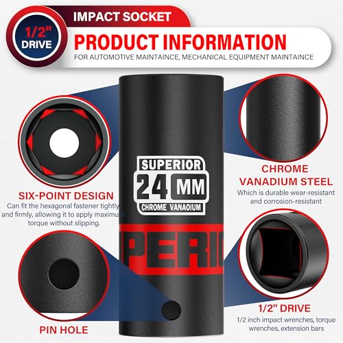 Image of 1 /2 inch Drive Impact Socket, 24 mm Deep Socket, Metric, 6 Point, CR-V, for Automotive Maintaince, Mechanical Equipment Maintaince