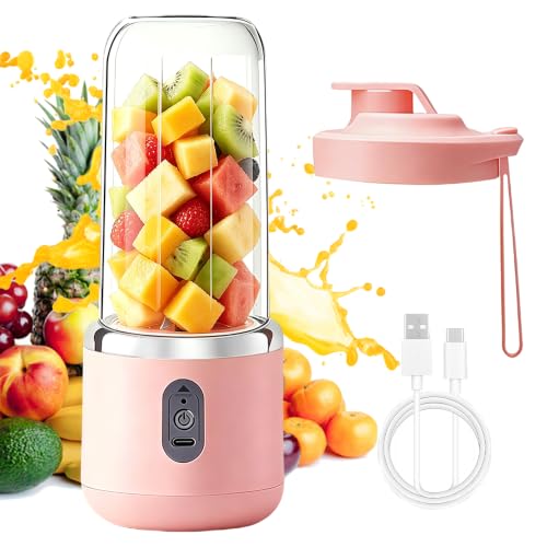 Mixeur Portable, 400ML Smoothie Maker avec 6 Lames, Smoothie Mixer avec Couvercle de Voyage, Rechargeable Blender portable pour la Préparation de Milk-Shakes, jus de Fruits, Smoothies(Rose)