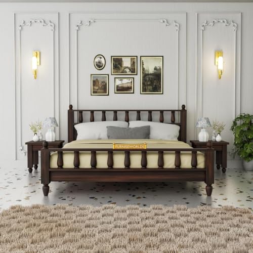 Image of Wooden Double Bed Size 84x64x39 Solid Sheesham Wood Cot Furniture for Bedroom Home and Hotel 1 Year Warrenty (Walnut Finish, Queen)