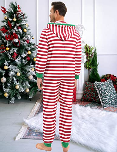 Pabumbubu Men's Fleece Non-Footed Red Whit Striped Onesie Pajamas Long Sleeve Zipper Loungewear With Pockets Xl #TOP3