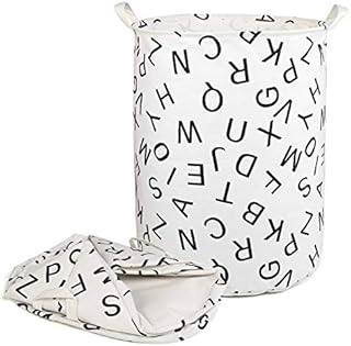 NEWSTYLE Large Laundry Basket,Waterproof Foldable Cotton Fabric Laundry Hamper Bucket Cylindric Burlap Canvas Storage Basket with Handles (White Alphabet)