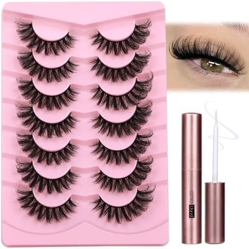 JIMIRE Cat Eye Lashes with Glue Wispy False Eyelashes with Eyelash Glue Kit Russian Strip Lashes D Curl Mink Lashes Fluffy 7 Pairs Pack