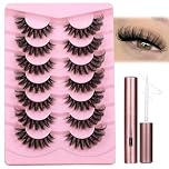 JIMIRE Cat Eye Lashes with Eyelash Glue Russian Strip D Curl Lashes Wispy 6D Volume False Eyelashes with Lash Glue Thick Crossed Soft Fake Eyelashes Fluffy 7 Pairs Pack