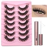 JIMIRE Cat Eye Lashes with Glue Wispy False Eyelashes with Eyelash Glue Kit Russian Strip Lashes D Curl Mink Lashes Fluffy 7 Pairs Pack
