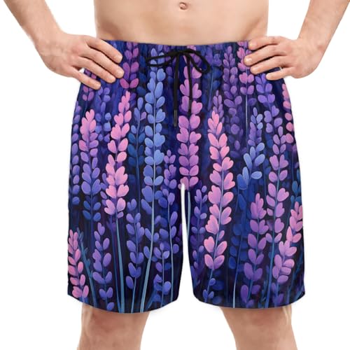 Men's Swim Trunks Size S Flowers Lavender with Mesh Lining Soft Breathable Quick Dry Beach Shorts