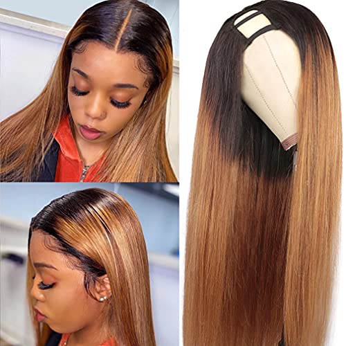 Haha Straight Ombre U Part Human Hair Wig for Black Women 1B/30 Colored Human Hair Upart Wig Brown 2x4 U Shape Clip in Half Wig Glueless 130% Density 18 Inch Honey Blonde