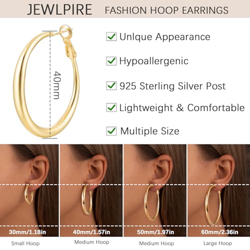 Jewlpire 14K Gold Plated Hoop Earrings with 925 Stering Silver Post, Lightweight Hoop Earrings for Women 30mm/40mm/50mm/60mm3