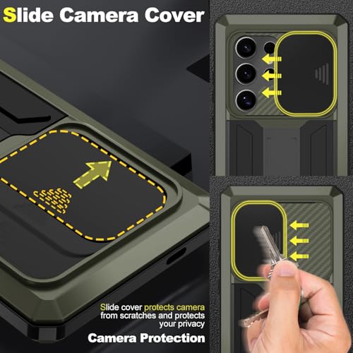 Compatible For Samsung Galaxy S24 Ultra Metal Case,Heavy Duty Dust Proof Military Grade Rugged Case with Sliding Camera Cover and Built-in Foldable Kickstand with Full-Body Bumper Cover (Green)