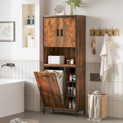ELUCHANG Meuble Salle de Bain avec Panier à Linge, Colonne Salle de Bain, 2 en 1,Paniers Lavables 50L, Étagère Réglable, pour Salle de Bain, Buanderie, 63...