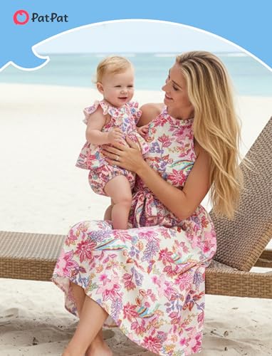 Image of PATPAT Family Hawaiian Matching Outfits - Mommy and Me Vacation Outfits | Halter Sundresses and Button Down Shirts,Caribbean Vacation Summer Tropical Outfits,Hawaiian Boho Tropical Floral Printed