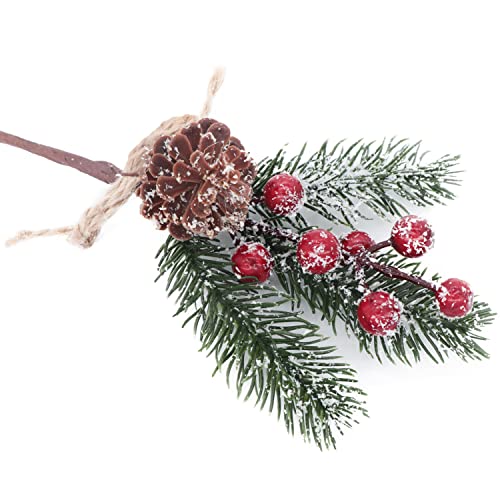 12 Pieces Artificial Pine Picks Christmas Tree Picks with Red Berries Pinecones Bowknot Artificial Pine Branches Stems Frosted Holly Spray for Winter Decoration Xmas Party DIY Crafts (12, Red)
