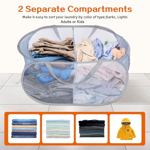 Image of Sturdy Collapsible Laundry Baskets, Foldable Pop Up Laundry Hamper, Durable 2 Compartments Laundry Basket, Handy Pocket & Easy to Sort Clothes Hampers for Laundry, Dorm, Kids Room, Travel Grey