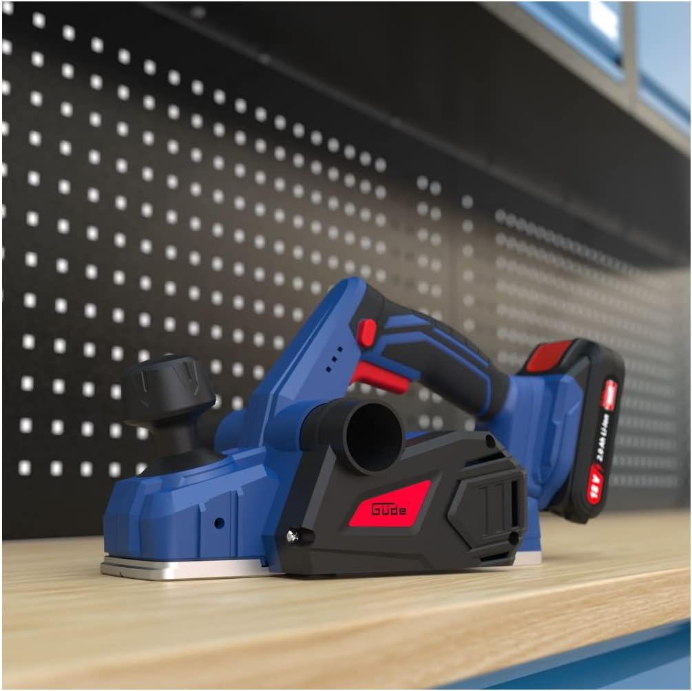 Güde Battery Planer HO 18-0 (18 V, Max. 82 mm Planer Width, Cutting Depth Max. 1.5 mm, Solid Aluminium Base Plate, Automatic Parking Shoe, Rebate Depth/Parallel Stop, Dust Collection Bag, 2 x Knives