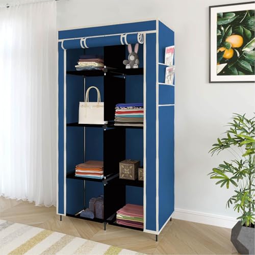Image of GTC 4+4 Layer Collapsible Wardrobe for Clothes with Side Pocket 7700-2 (76CM x 38CM x 145CM, Blue) Storage Unit
