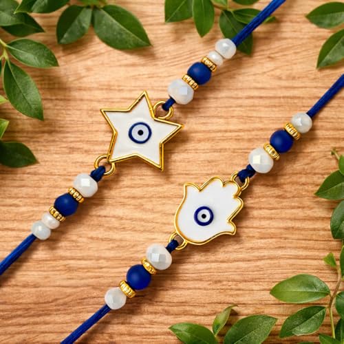 Image of Riddhika Ventures Elegant Evil Eye Rakhi for Protection from Negative Energy (Set Of 2) With Roli Chawal And Greeting Card (R1S1)