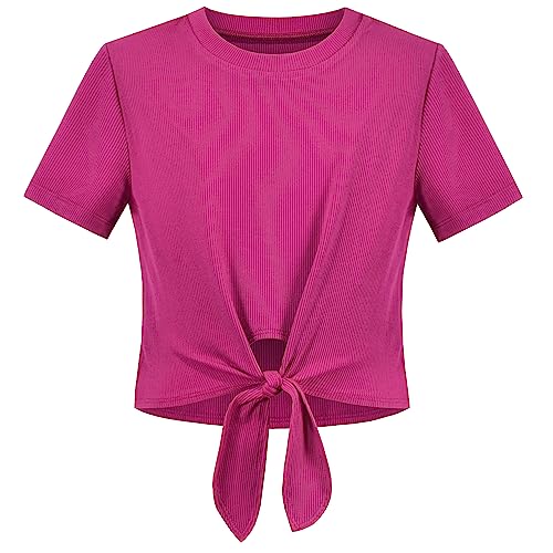 Image of Sunny Fashion Girls T-Shirt Crop Top Brown Lettuce Trim Ribbed Knit Button Casual