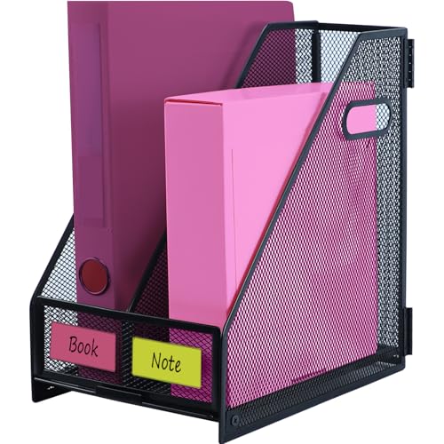 ideallife 2 Compartimentos Organizador de Documentos para Escritorio de Mallas Metálica, Revistero metálico de oficina, Cajas de Almacenamiento de Archivos para Escritorio y Estudio Negro