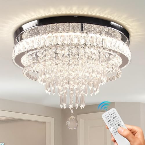 FRIXCHUR 19.7' Modern Crystal Chandeliers Crystal Ceiling Light LED Remote Control Chandelier Light Fixture for Bedrooms Living Room Dining Room Lights (Dimmable)