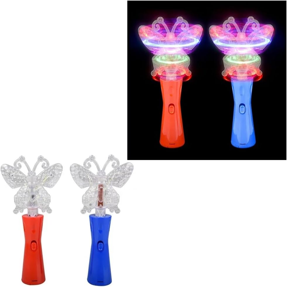 Zugar Land LED Light-Up Butterfly Magic Wands - 2 Pack (1 Red and 1 Blue) (10") Batteries Included. Spin Toy for Boys, Girls, Kids, Toddlers. Fun Party Favor.