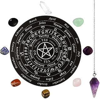 Star Pendulum Board Wooden Dowsing Board Set Include Crystal Dowsing Pendulum Necklace, 8 Chakra Stones, Round Pendulum Board Dowsing Divination Metaphysical Message Board for Witchcraft Supplies