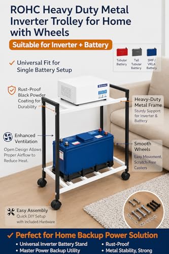 Image of ROHC Heavy Duty Metal Inverter Trolley for Home with Wheels - Inverter Battery Trolley Stand, Rust Proof Black Inverter & UPS Battery Storage Rack for Single Battery (Universal Fit) (White)