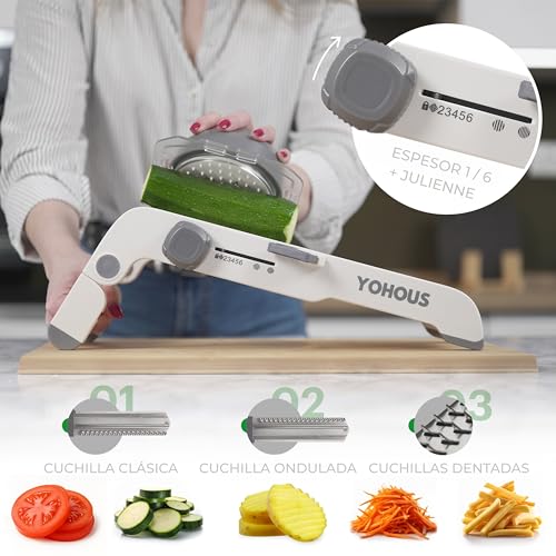 Miniatura 3 de Mandolina De Cocina Profesional Regulable - Cortador De Verdura Manual En Acero Inoxidable - Laminadora De Verduras En Juliana, Cubos Y Rodajas Finas