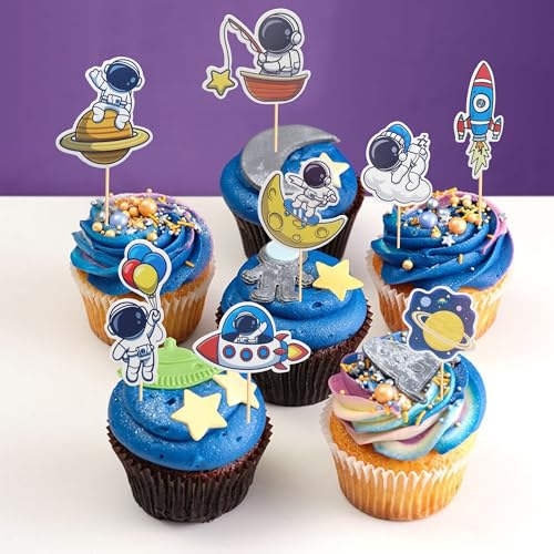 Arthsdite Cupcake-Aufsätze mit Weltraum-Astronauten-Motiv, Rakete, Planet, Ausflug zum Mond, Cupcake-Picks, Dekorationen für Babyparty, Jungen, Mädchen, Geburtstag, Weltraum, Motto-Party,