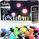 Twinkly Festoon App-Controlled LED Bulb Outdoor String Lights w/ 20 RGB (16 Million Colors) LEDs, 32.8 ft Patio Lights, Outside Lights w/Black Cable. Smart Indoor Outdoor Lights Decoration