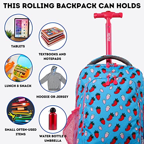 Image of J World Sunny Rolling Backpack for Kids. Roller Bag With Wheels, Strawberry