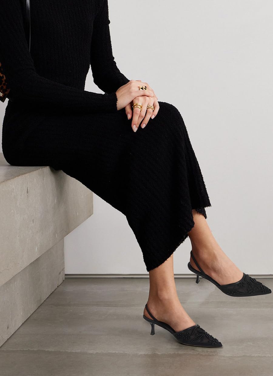 Embroidered Kitten Heels for Women Pointed Toe Mesh Floral Slingback Heeled Sandals With Pearl Slip On Backless Bridal Wedding Sandals Shoes - Image 2