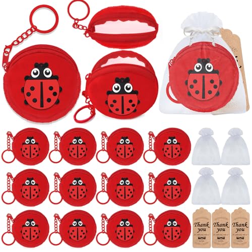 36 Pack Ladybug Change Purses Set Include 12 Ladybug Wallets with Keyrings, 12 Thank You Tags and 12 Organza Bags for Ladybug 1st Birthday Baby Shower Birthday Party Decoration,Red