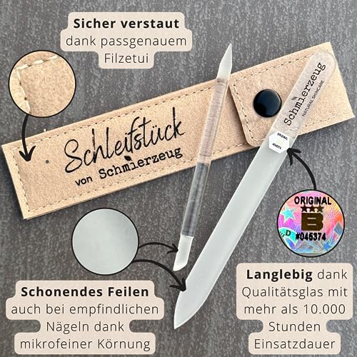 SCHMIERZEUG Glas-Nagelfeile, Glas-Manikürestab & Filz-Etui für extra schonend, perfekt gefeilte Nägel in allen Ecken. EU Qualitätsglas für brilliante Nagelpflege