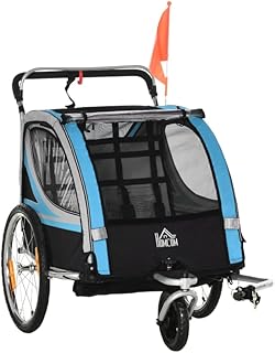 Kinderanhänger Fahrradanhänger 2-in-1 mit 5-Punkt-Sicherheitsgurt, Kinderwagen umwandelbar mit Universalkupplung, Stahlrahmen, Luftreifen & Bremse, Reflektoren & Flagge, für 2 Kinder bis 110 cm, Blau