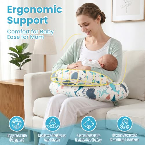 SHANNA Poduszka do karmienia - Wielofunkcyjna ergonomiczna poduszka do karmienia piersią, poszewka ze 100% bawełny, zdejmowana poszewka, nadająca się do prania poduszka ciążowa (oceany)